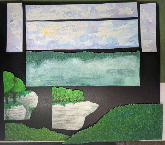 Layers of the Ozark Mountains painted onto paper and cut out