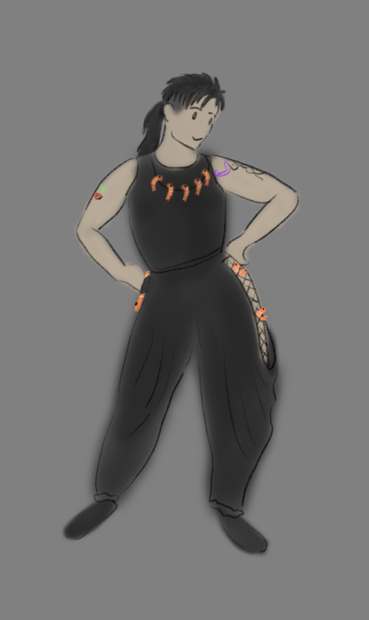 Illustration of a person wearing a black tank top, a shrimp necklace, and flowy pants
