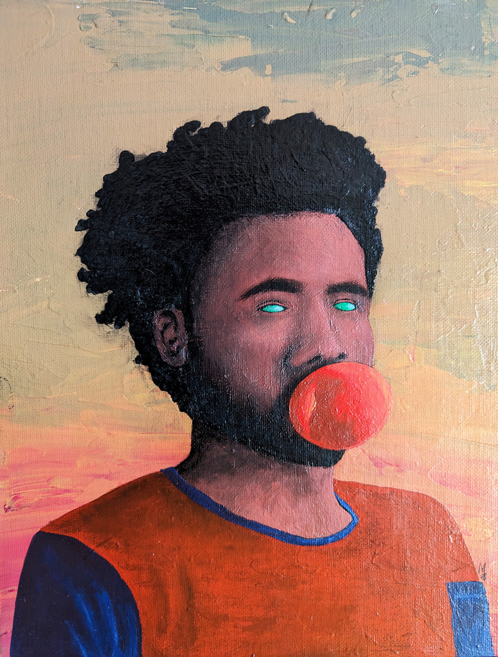 Painting of a man with glowing green eyes holding a peach in his mouth against a colorful sky