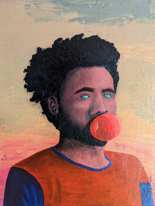Painting of a man with glowing green eyes holding a peach in his mouth against a colorful sky