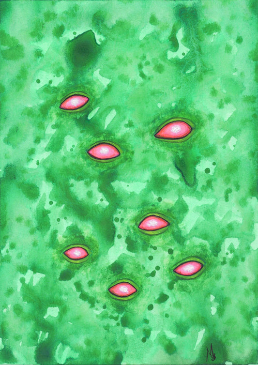 Painting of seven glow milky pink eyes flow in a green abyss of alien skin