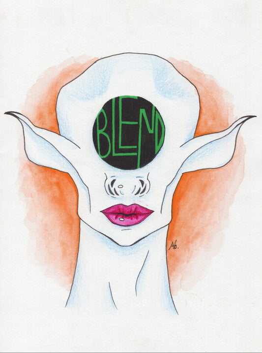 Painting of an alien head with the message of BLEND in place of eyes