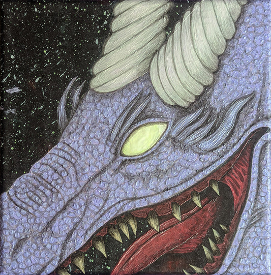 Painting of a snarling celestial dragon with shimmery purple scales and a glowing eye