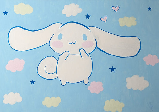 Painting of a white cartoon puppy posing happily against a pastel blue background