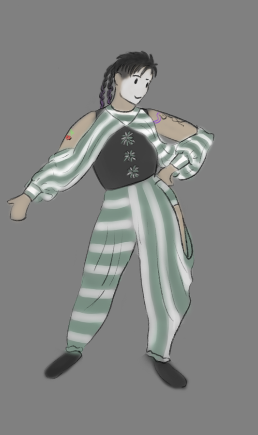 Illustration of a person wearing clown-inspired flowy stripe-patterned clothing