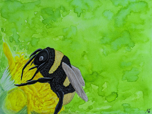 Painting of a honeybee sitting on top of a dandelion against a neon green background