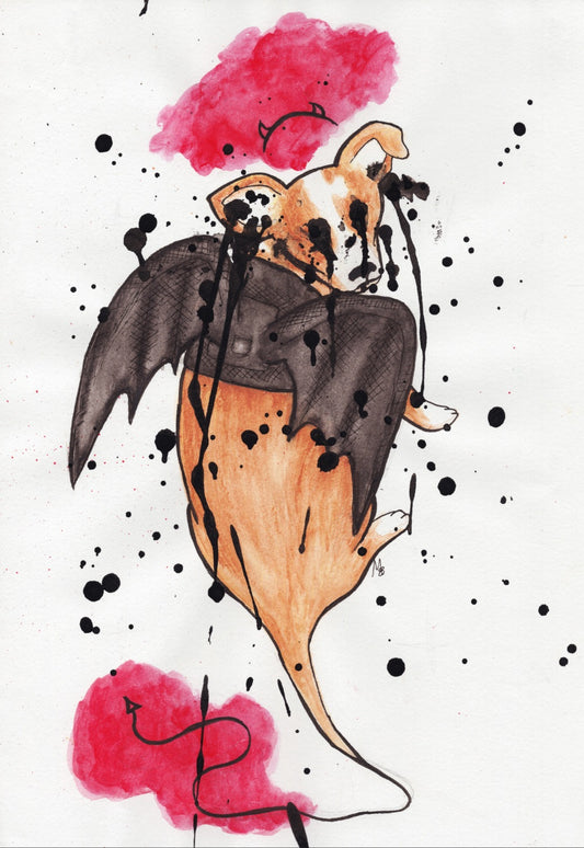 Painting of a beige and white small dog with bat wings, devil horns, and a devil tail
