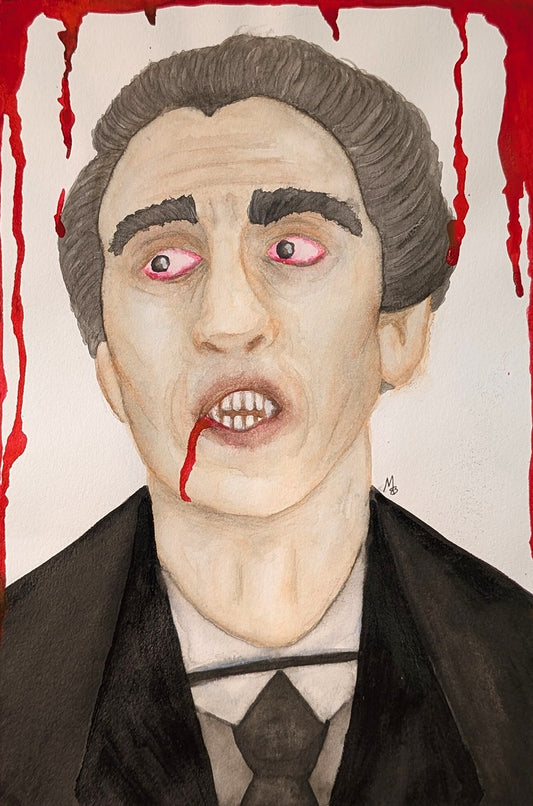 Painting of a vampire with blood dripping down the corner of his open, fanged mouth