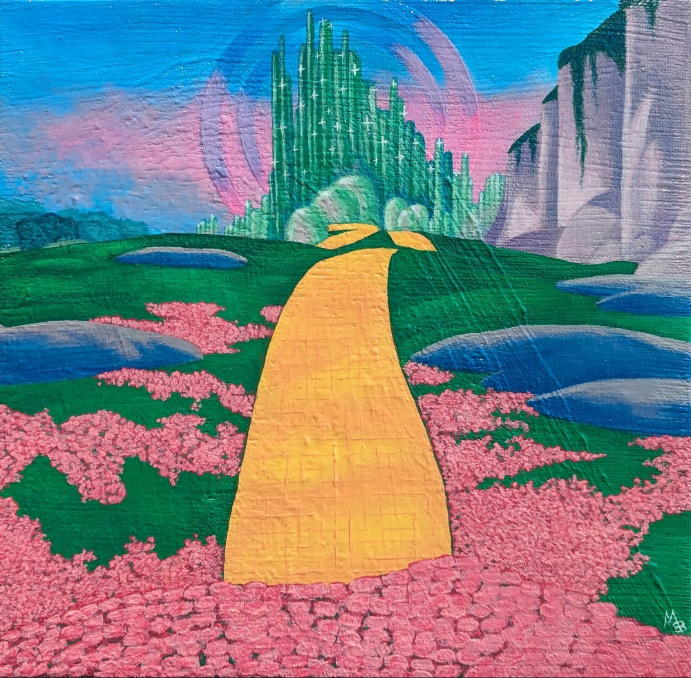 Painting of bright technicolor hills with the Emerald City shining in the background.