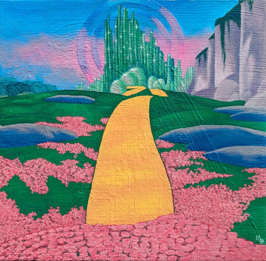Painting of bright technicolor hills with the Emerald City shining in the background.