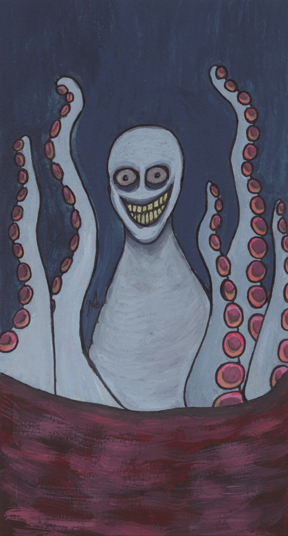Painting of a creepy creature with a friendly grin happily wiggling its tentacles
