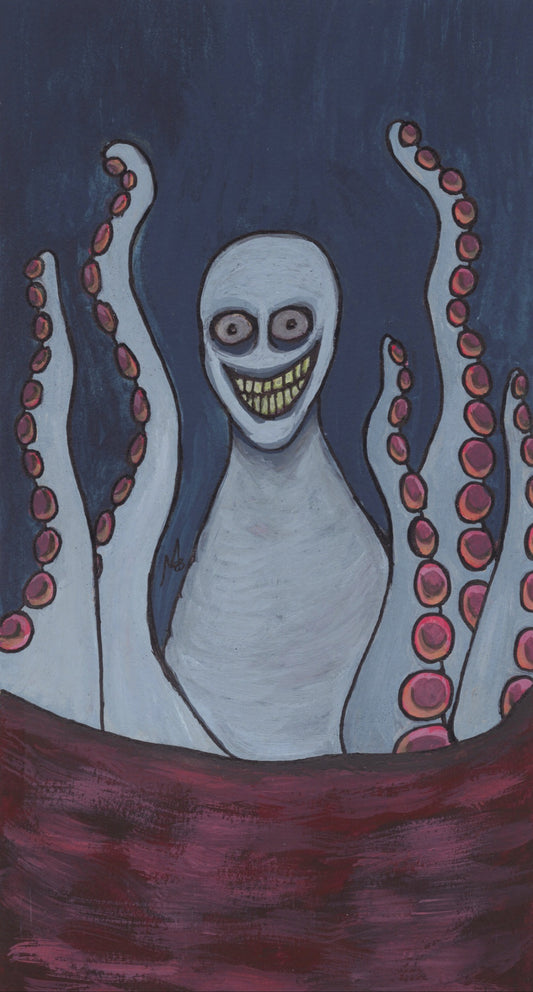 Painting of a creepy creature with a friendly grin happily wiggling its tentacles