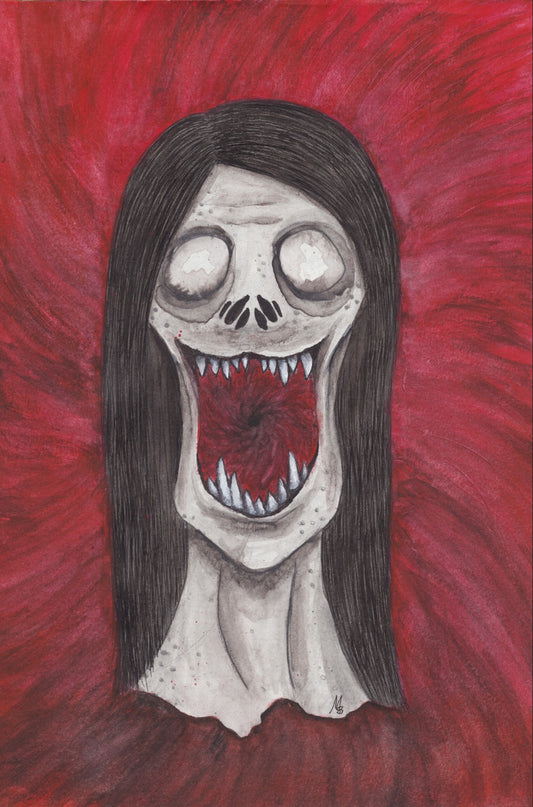 Painting of a  ghoulish creature with empty eyes and an open, toothy mouth