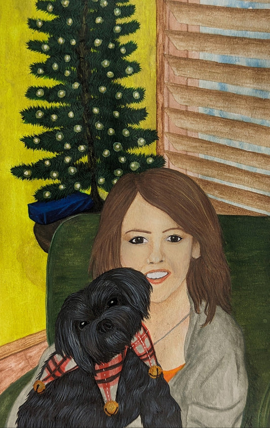 Painting of a woman posing with her dog in her lap, seated in front a lit tree