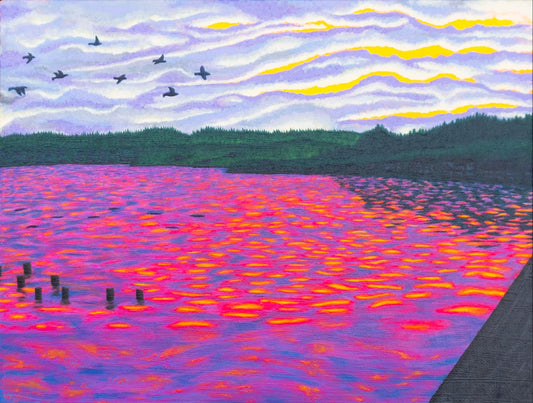 Painting of a colorful sunset over a lake, with crows flying overhead
