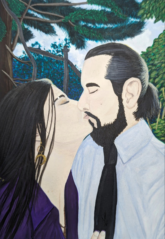 Painting of two people dressed in formal clothing sharing a kiss in front of trees