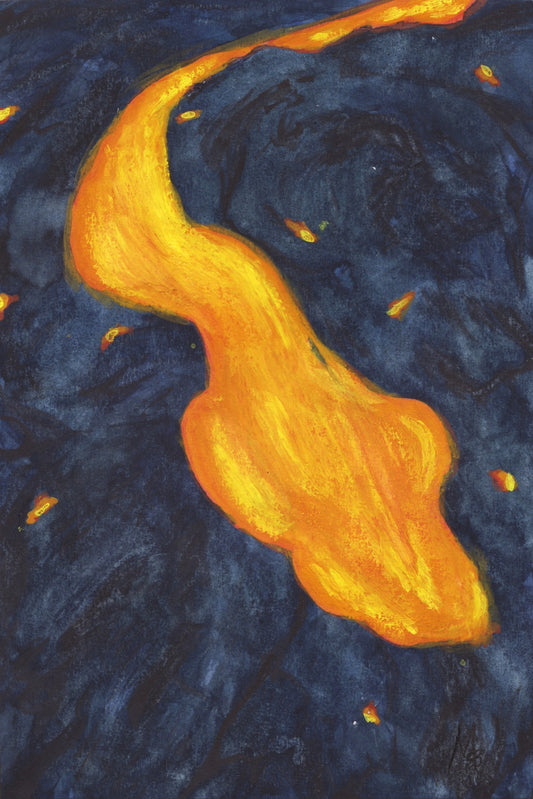 Painting of bright yellow and orange lava flowing down black volcanic rock