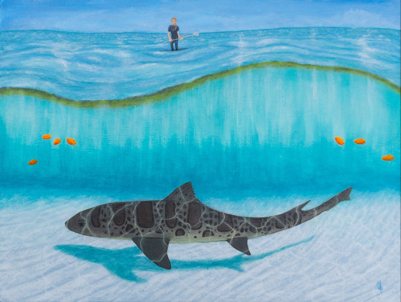 Painting of a leopard shark under the ocean waves