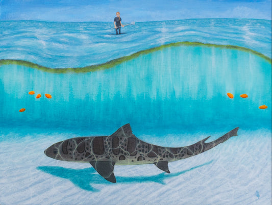 Painting of a leopard shark under the ocean waves