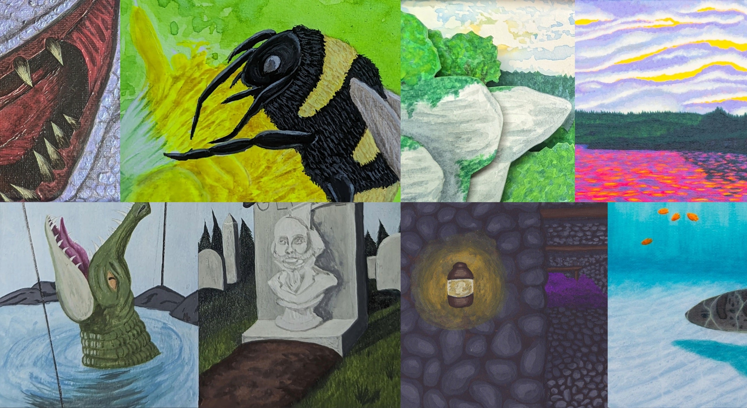 Collage of paintings in various mediums with the themes of darkness and whimsy