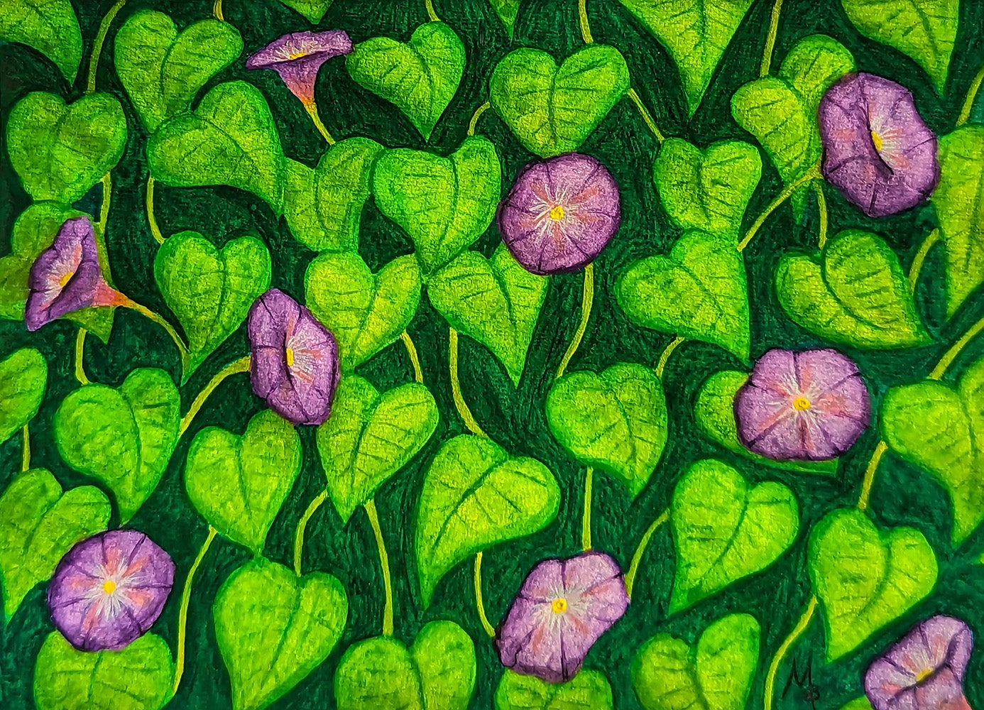 Painting of purple morning glory flowers and leaves against a dark green background