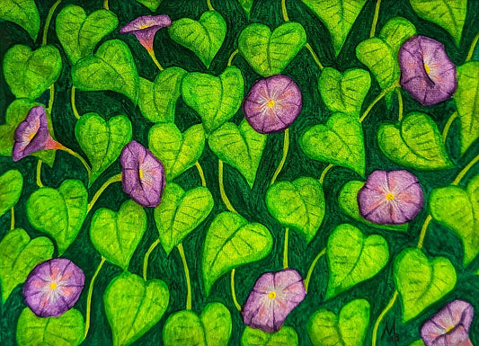 Painting of purple morning glory flowers and leaves against a dark green background