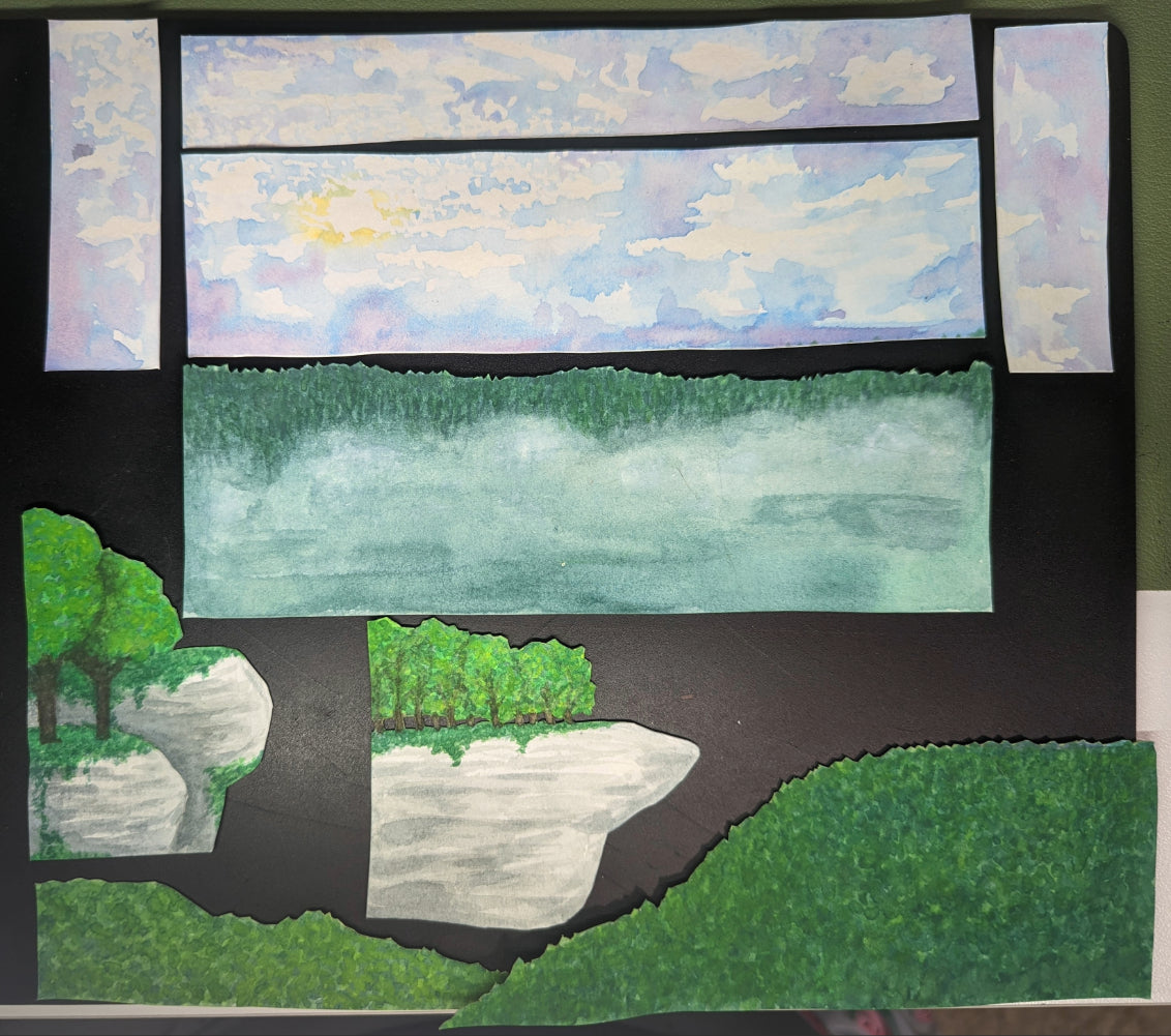 Layers of the Ozark Mountains painted onto paper and cut out