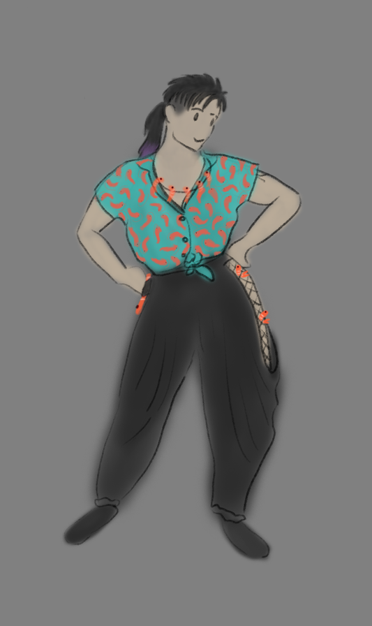 Illustration of a person wearing a shrimp-patterned top and flowy pants