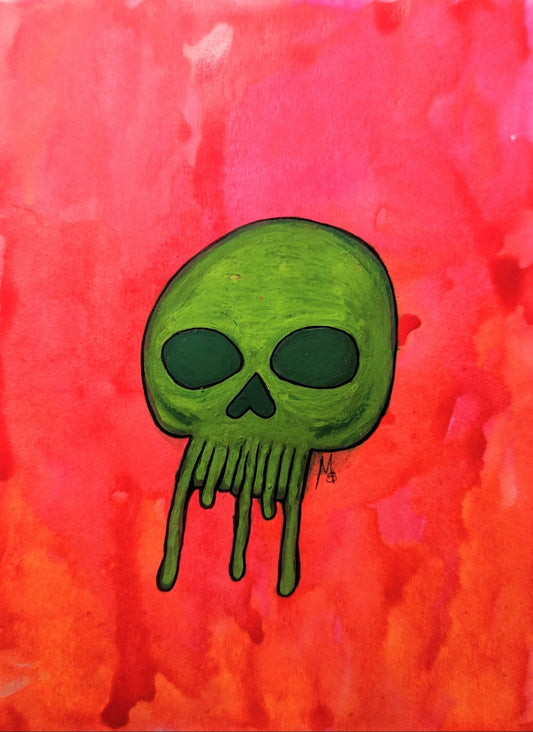 Painting of a skull dripping with green slime in front of neon pink and orange