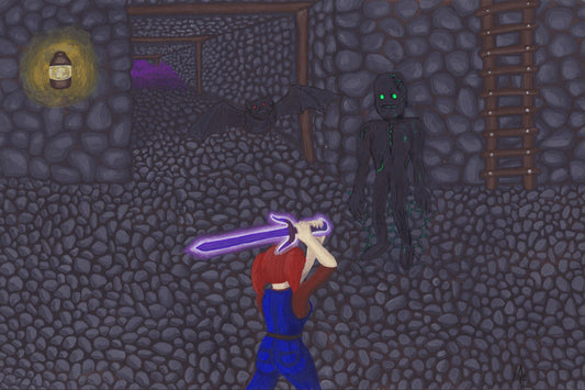 Painting of a person fighting off monsters in the Stardew mines
