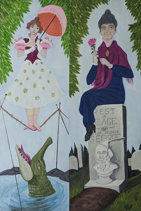 Paintings side by side of a woman tight-roping over an alligator and a woman sitting on her husband's grave