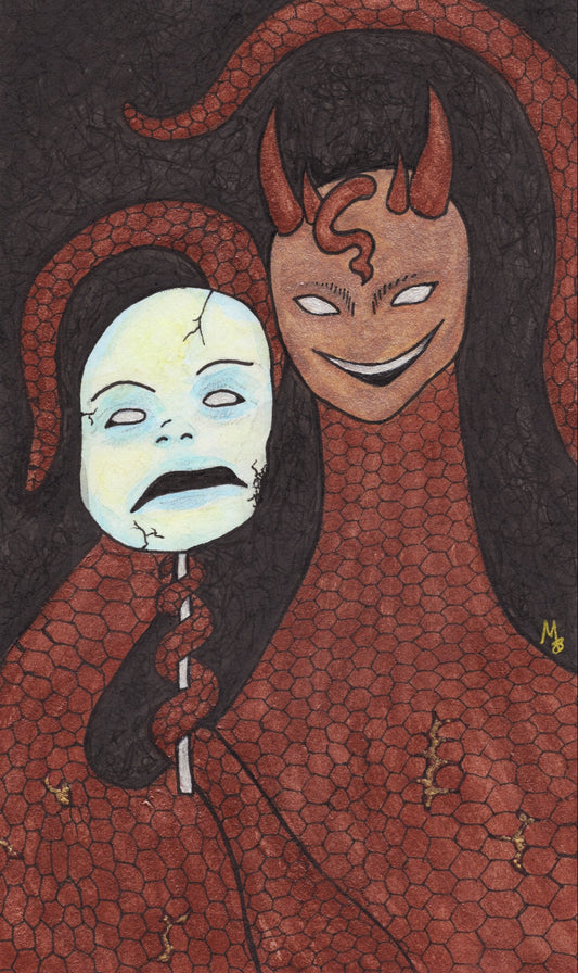 Painting of a copper metallic demon with empty eyes holding a broken mask