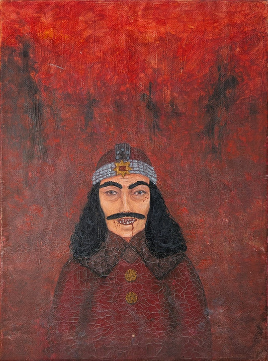 Painting of a monstrous man covered in blood standing in front of a burning field